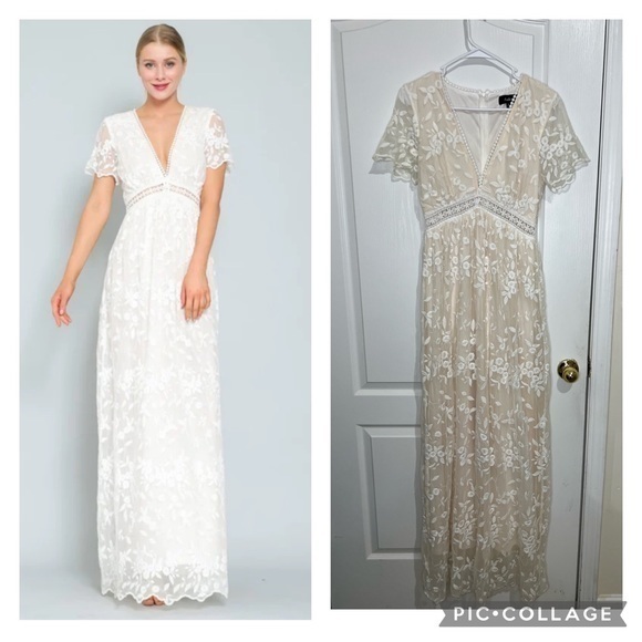 Aakaa Embroidery Ivory Lace over Lt Peach Maxi dress size S - Picture 2 of 15
